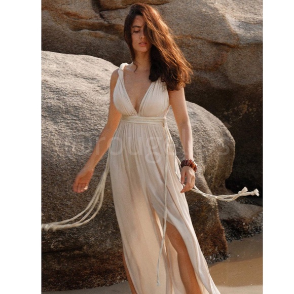 Beige Cream Viscose Greek Goddess Jumpsuit V-Neck Braided Straps Ties - Picture 7 of 14